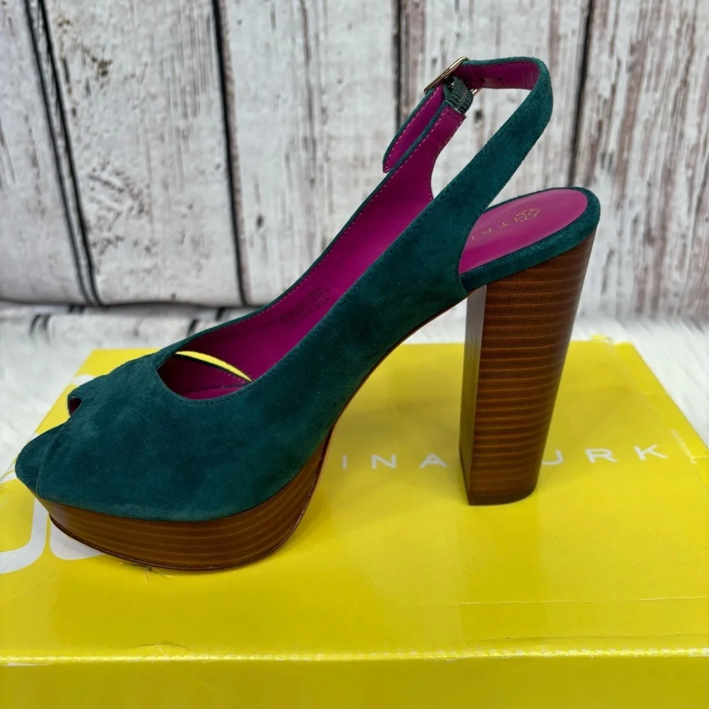 NIB New with‎ Box Trina Turk Joni Platform Suede Heels in Aqua Bloom Size 7.5